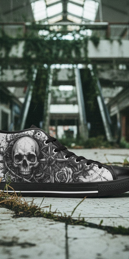 Women's Dark Gothic Skull hand-made high-top canvas shoes — unique wearable art by Freaky Shoes