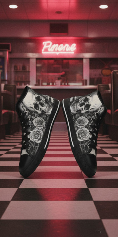 Women's Dark Art Skull Gothic high-top canvas shoes, custom full-wrap printed design — Freaky Shoes