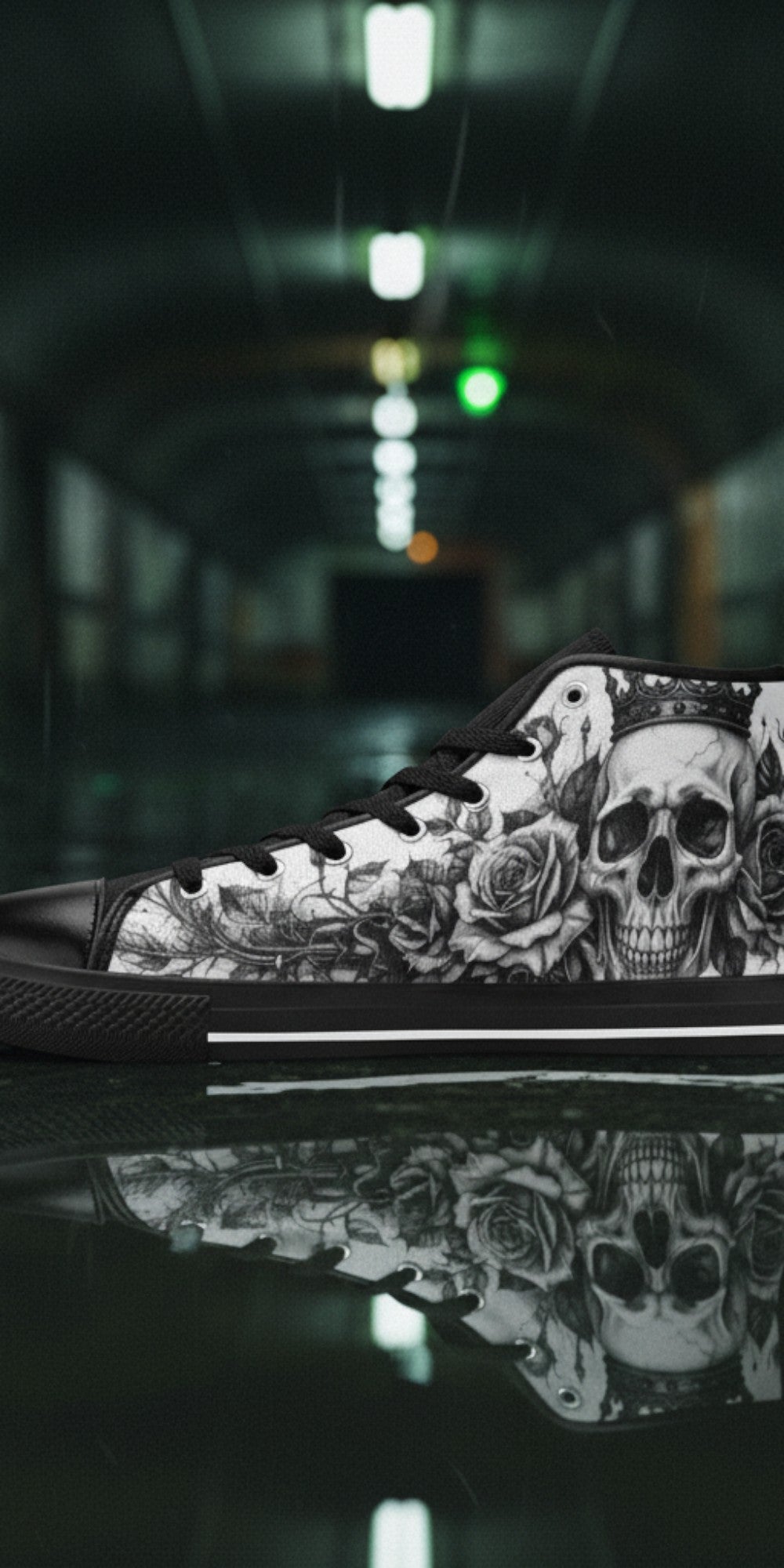 Women's Dark Monochrome Skull Gothic Art high-top canvas shoes, custom full-wrap printed design — Freaky Shoes