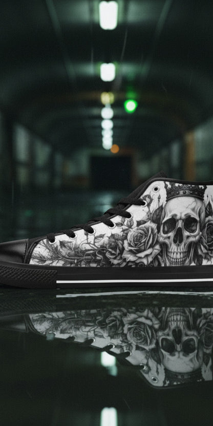 Women's Dark Monochrome Skull Gothic Art high-top canvas shoes, custom full-wrap printed design — Freaky Shoes