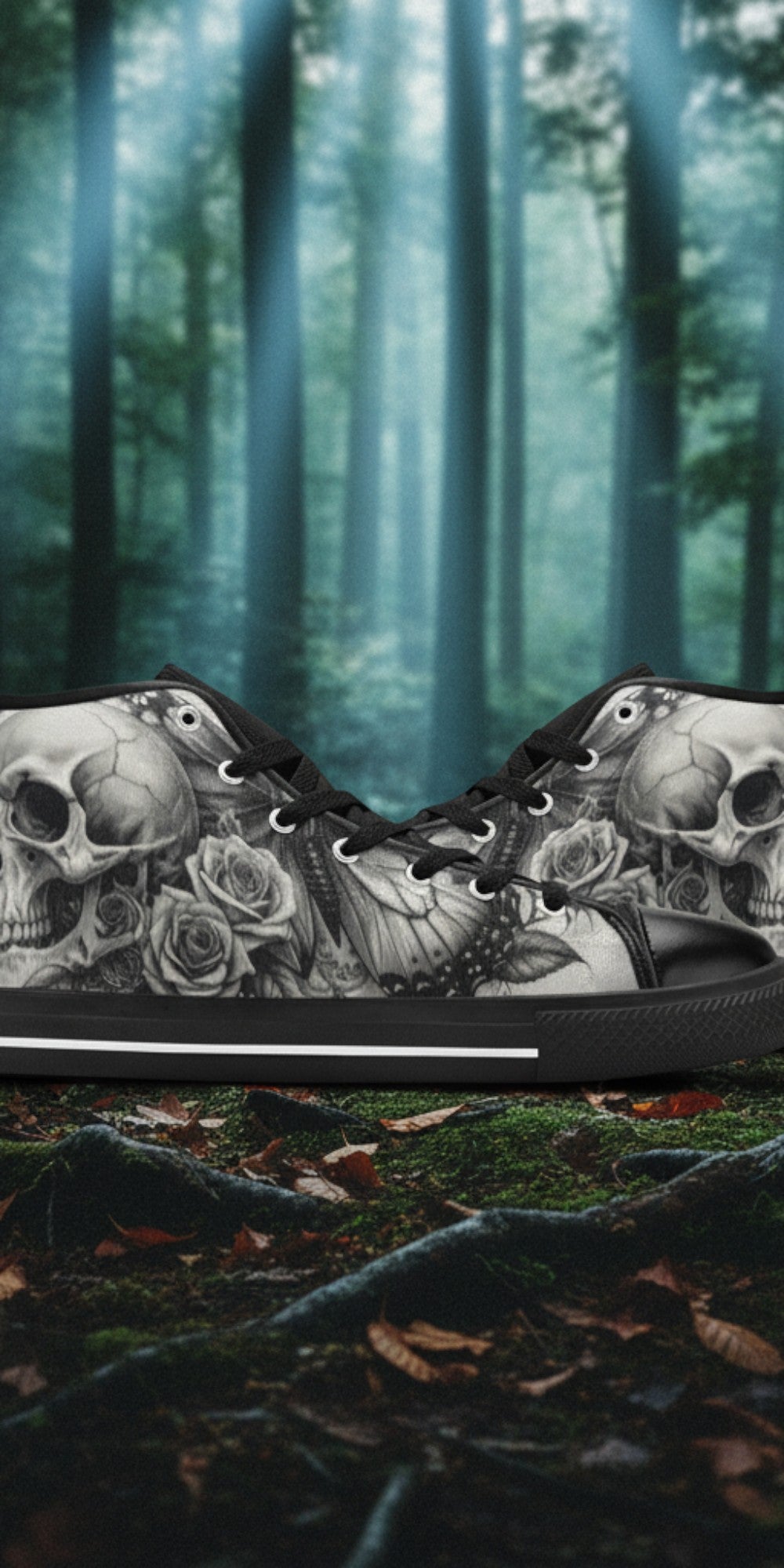 Women's Dark Skull Moon Gothic Dark Art high-top canvas shoes, custom full-wrap printed design — Freaky Shoes