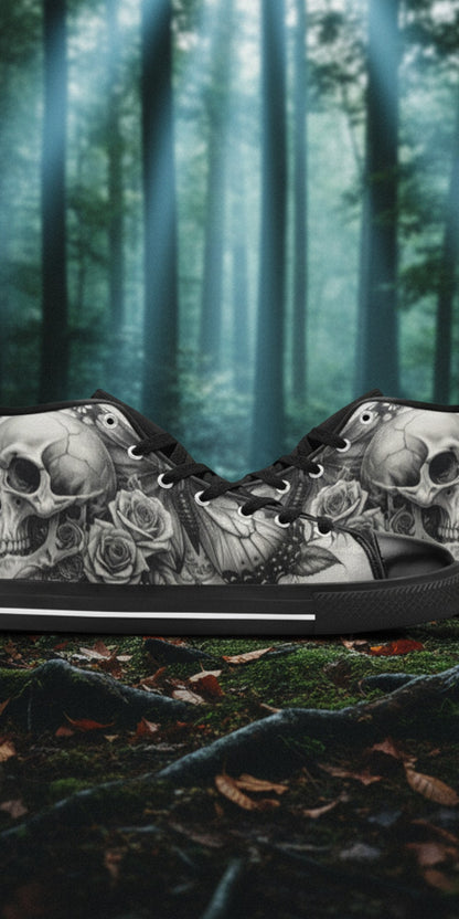 Women's Dark Skull Moon Gothic Dark Art high-top canvas shoes, custom full-wrap printed design — Freaky Shoes