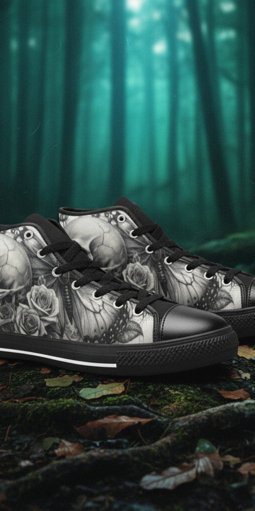 Custom Women's Dark Skull Moon Gothic Dark Art high-top canvas shoes with bold all-over art — Freaky Shoes