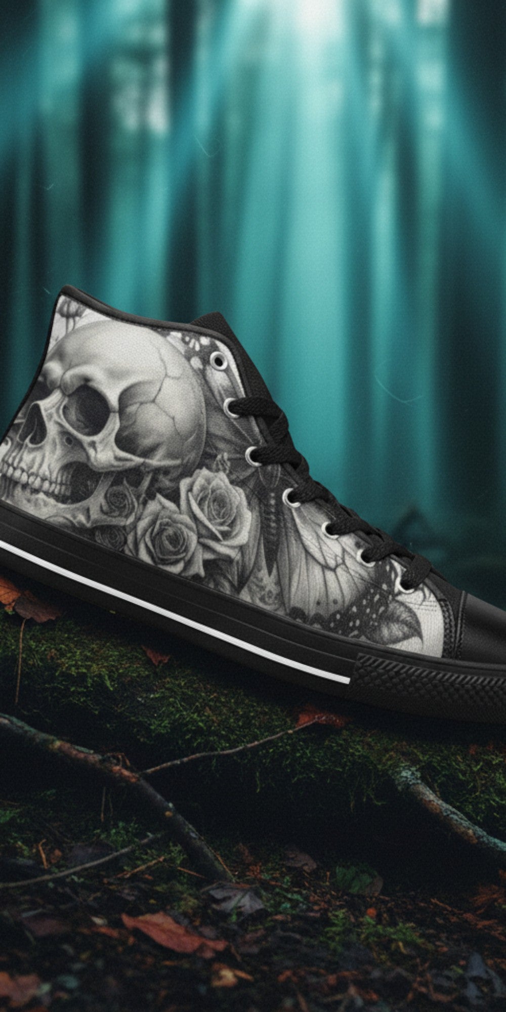 Custom Women's Dark Skull Moon Gothic Dark Art high-top canvas shoes with bold all-over art — Freaky Shoes