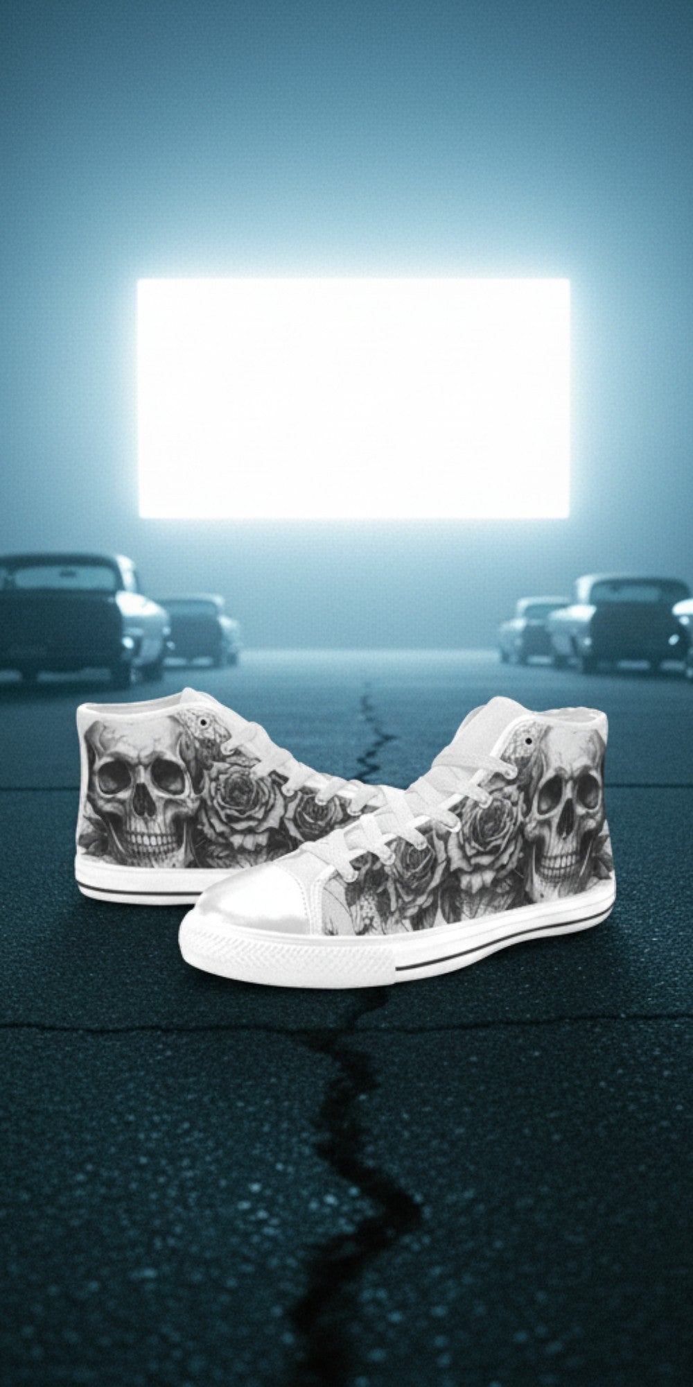 Women's Dark Skull Crown Gothic Dark Art high-top canvas shoes, custom full-wrap printed design — Freaky Shoes