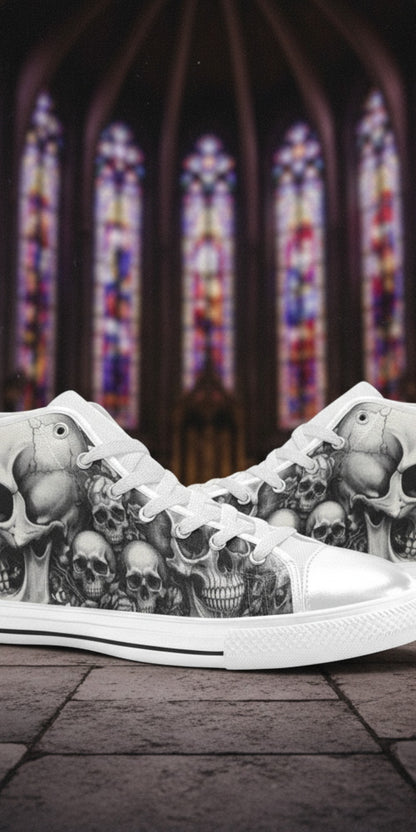 Women's Dark Skull Gothic Art hand-made high-top canvas shoes — unique wearable art by Freaky Shoes