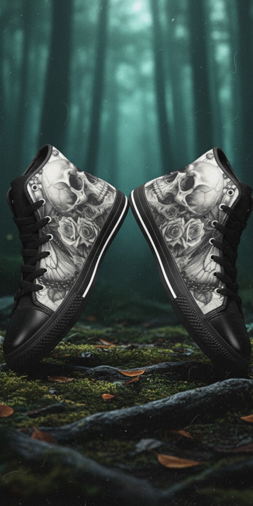 Women's Dark Skull Moon Gothic Dark Art high-top canvas shoes — one-of-a-kind custom printed art, Freaky Shoes