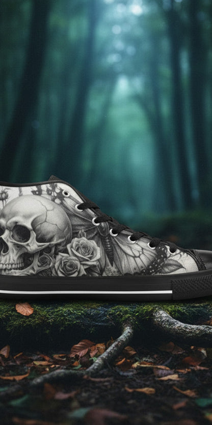 Custom Women's Dark Skull Moon Gothic Dark Art high-top canvas shoes with bold all-over art — Freaky Shoes