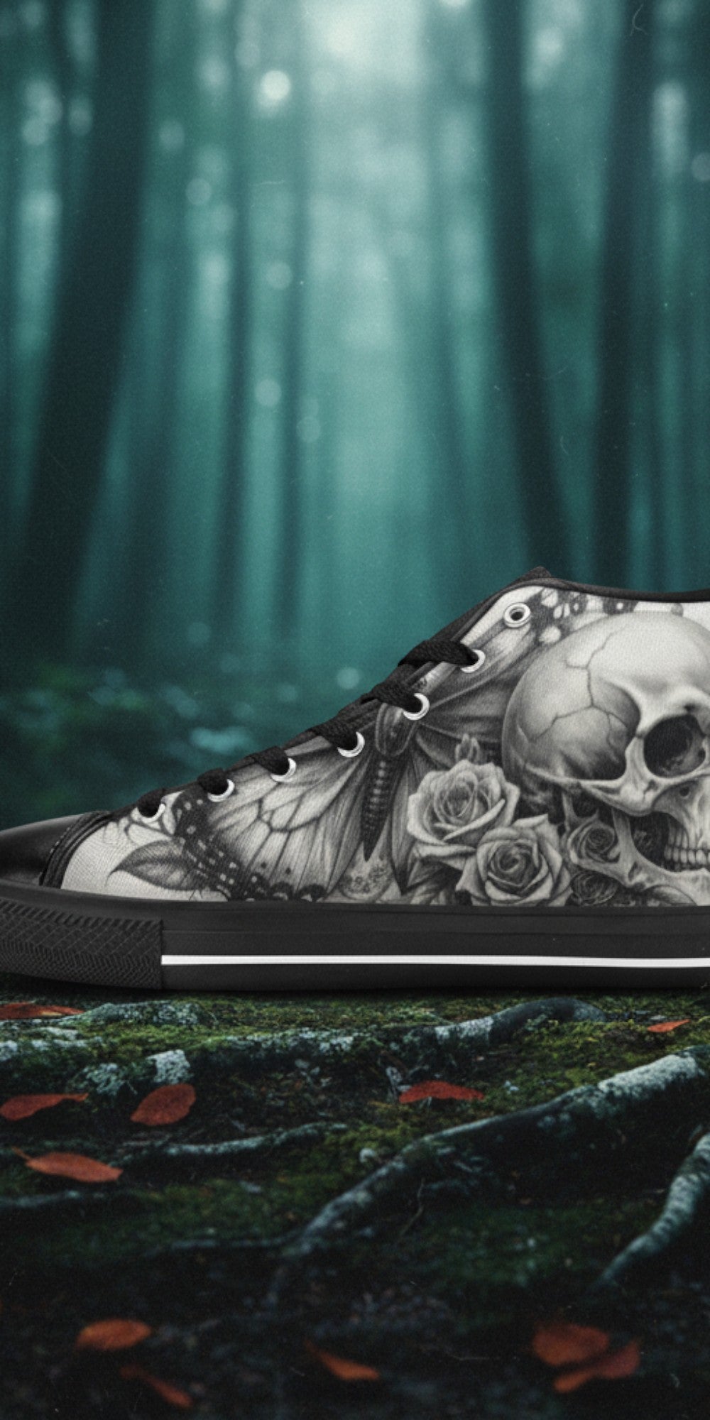 Women's Dark Skull Moon Gothic Dark Art high-top canvas shoes — one-of-a-kind custom printed art, Freaky Shoes