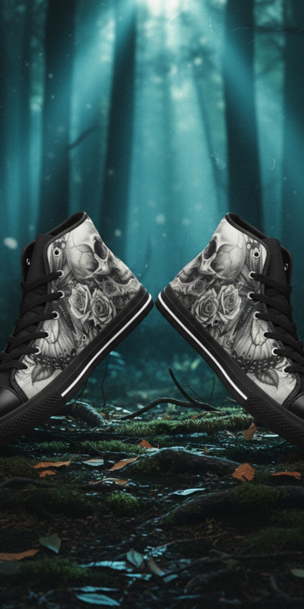 Women's Dark Skull Moon Gothic Dark Art hand-made high-top canvas shoes — unique wearable art by Freaky Shoes