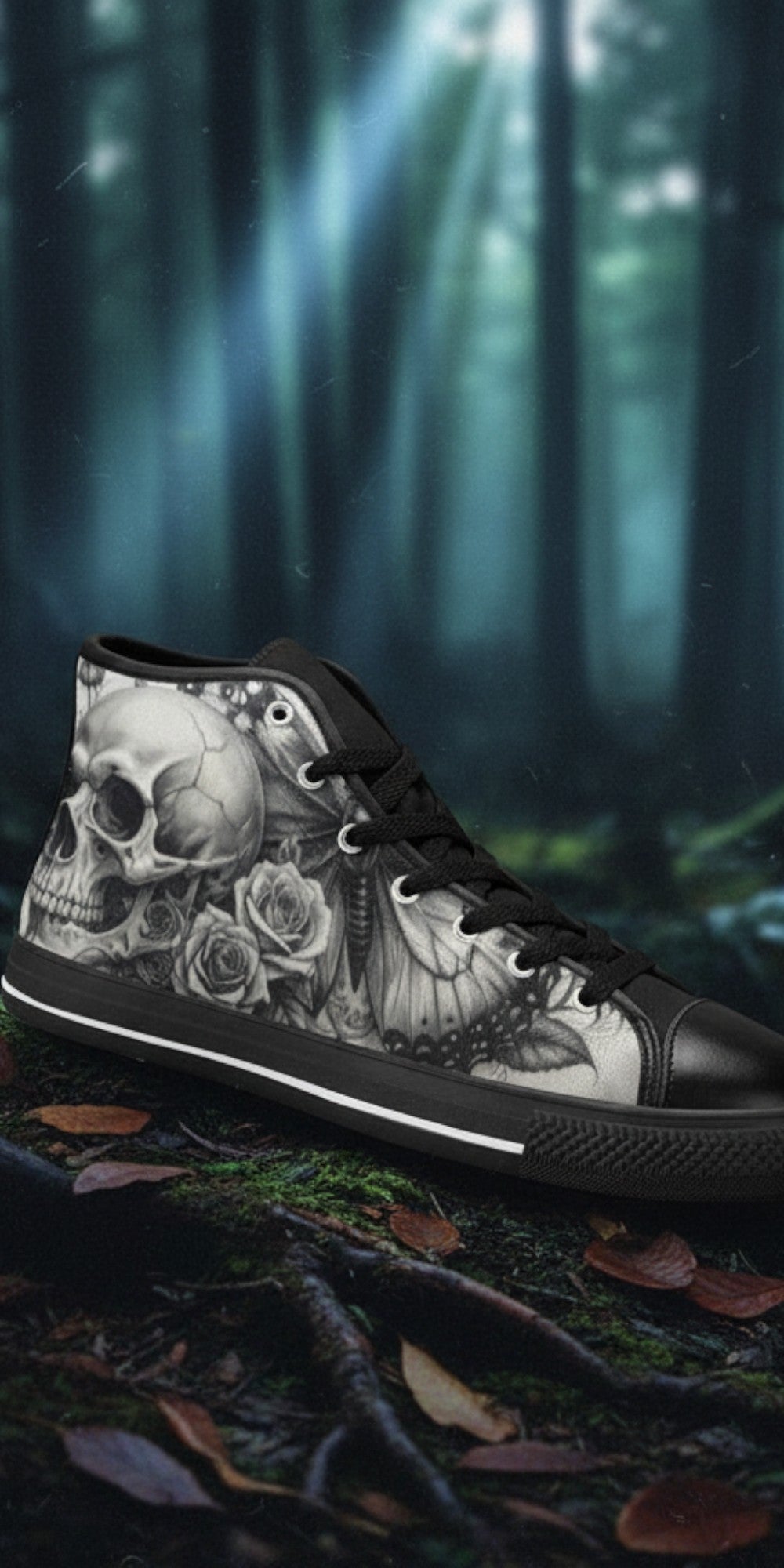 Women's Dark Skull Moon Gothic Dark Art custom high-top canvas shoes — wearable art by Freaky Shoes