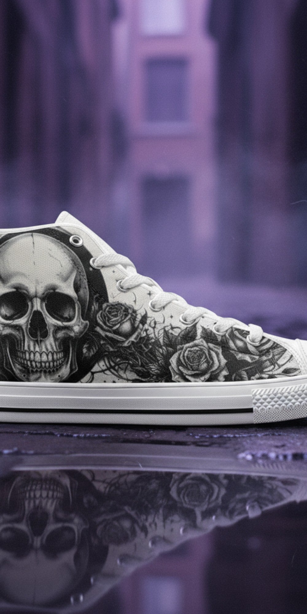Women's Moon & Skull Dark Art Gothic hand-made high-top canvas shoes — unique wearable art by Freaky Shoes