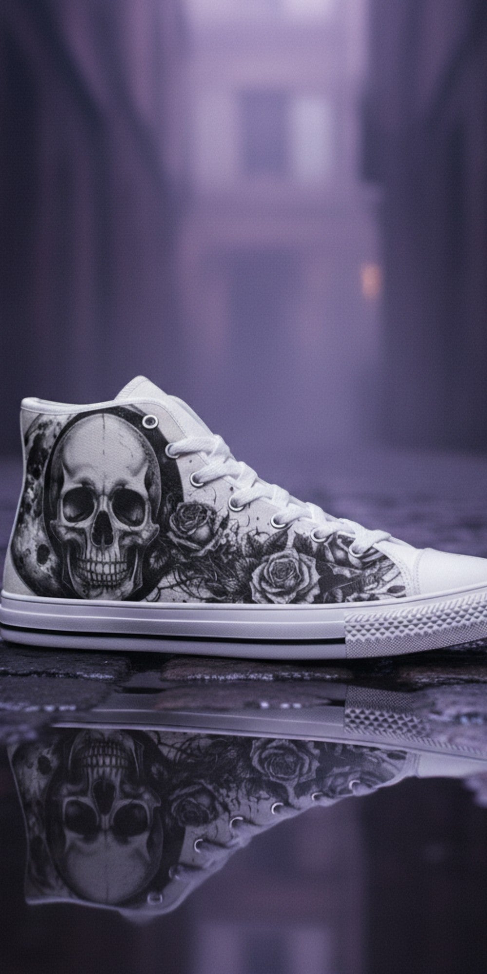 Women's Moon & Skull Dark Art Gothic high-top canvas shoes, custom full-wrap printed design — Freaky Shoes