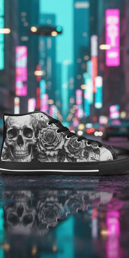 Women's Dark Art Gothic Skull high-top canvas shoes, custom full-wrap printed design — Freaky Shoes