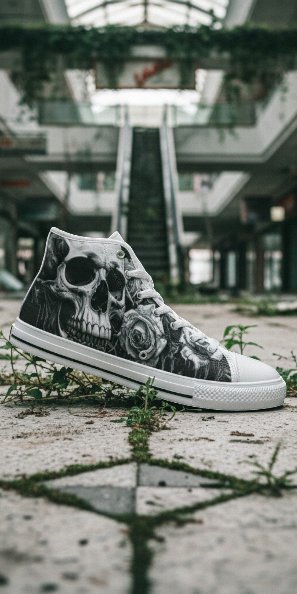 Freaky Shoes® gothic high top canvas sneakers featuring a detailed black and grey skull and rose print design.