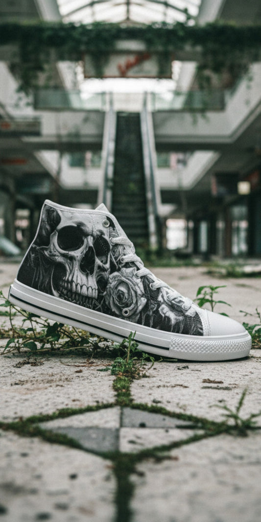 Freaky Shoes® gothic high top canvas sneakers featuring a detailed black and grey skull and rose print design.