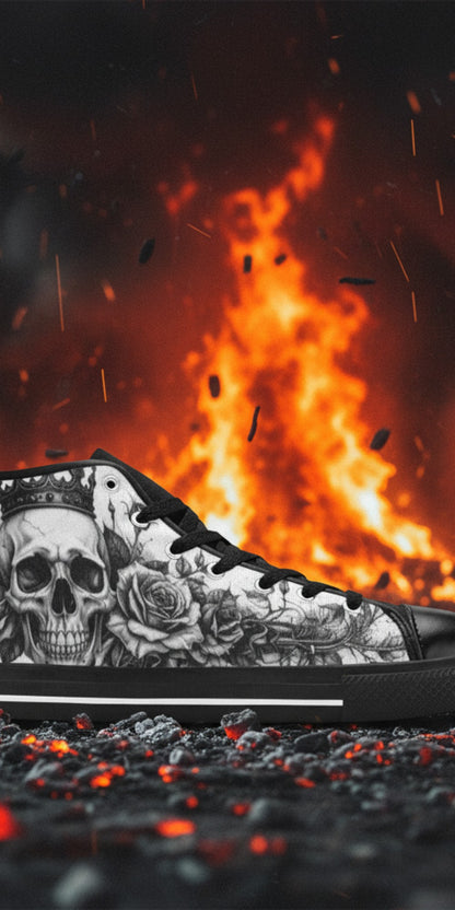 Men's Skull Monochrome Gothic Dark Art hand-made high-top canvas shoes — unique wearable art by Freaky Shoes