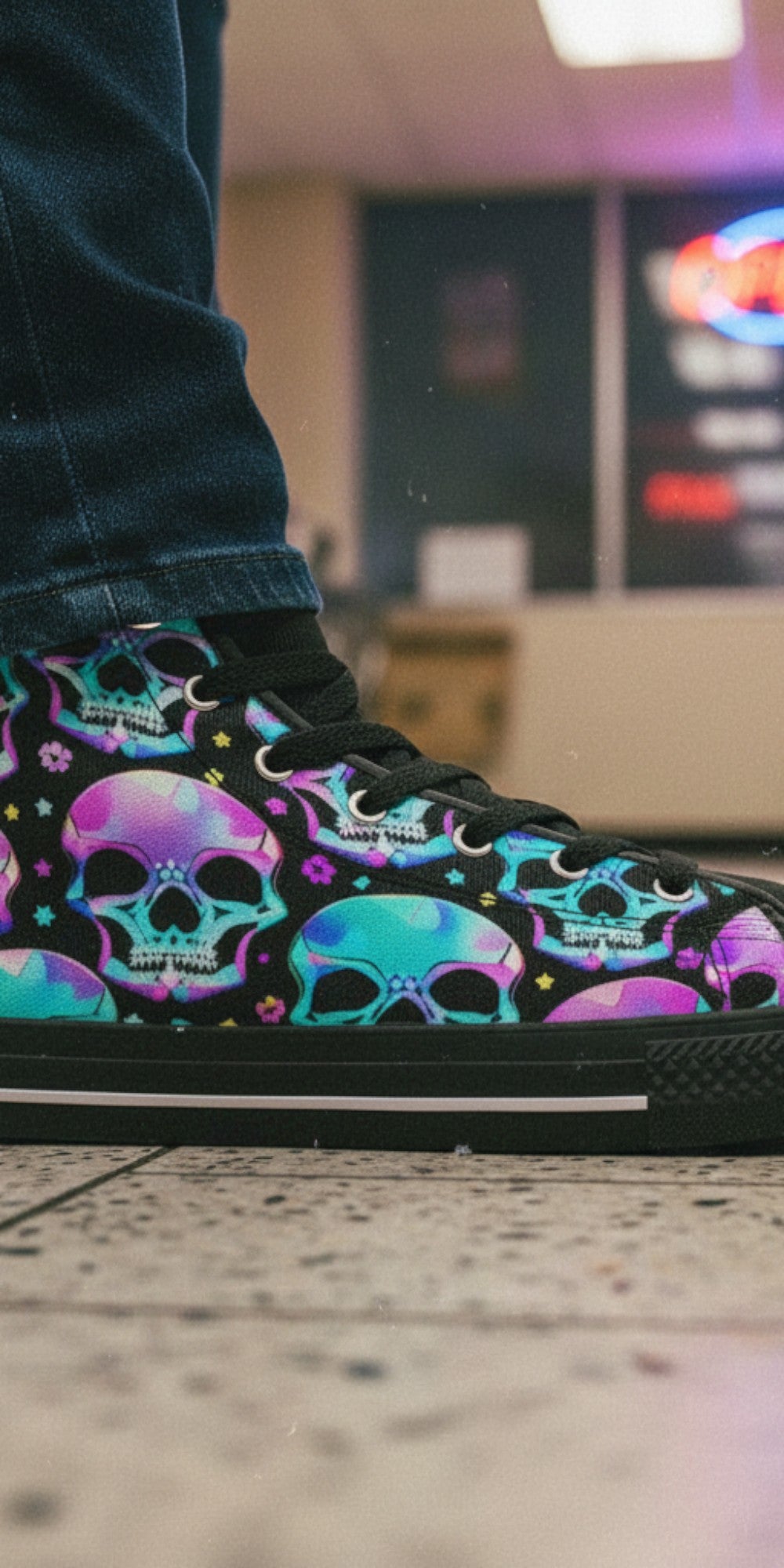 Freaky Shoes® men's high top canvas sneakers featuring a vibrant, colorful skull print on a black background.