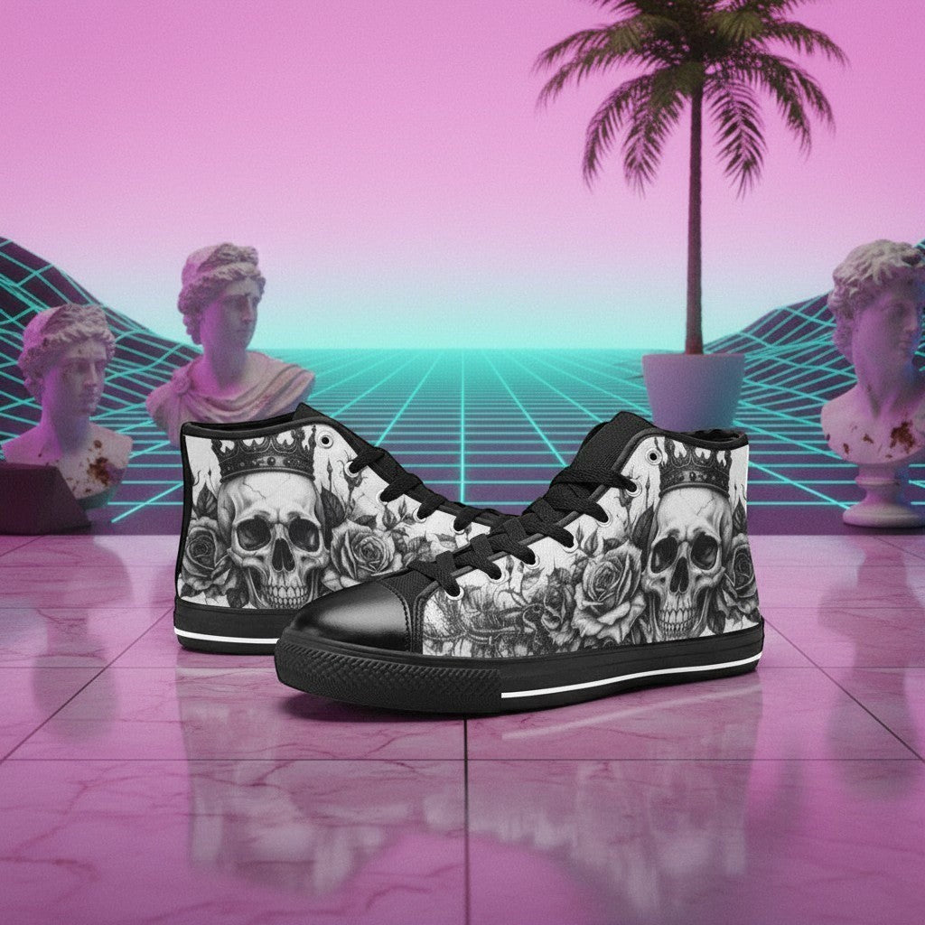 Custom Women's Horror Skull Dark Art Gothic high-top canvas shoes with bold all-over art — Freaky Shoes