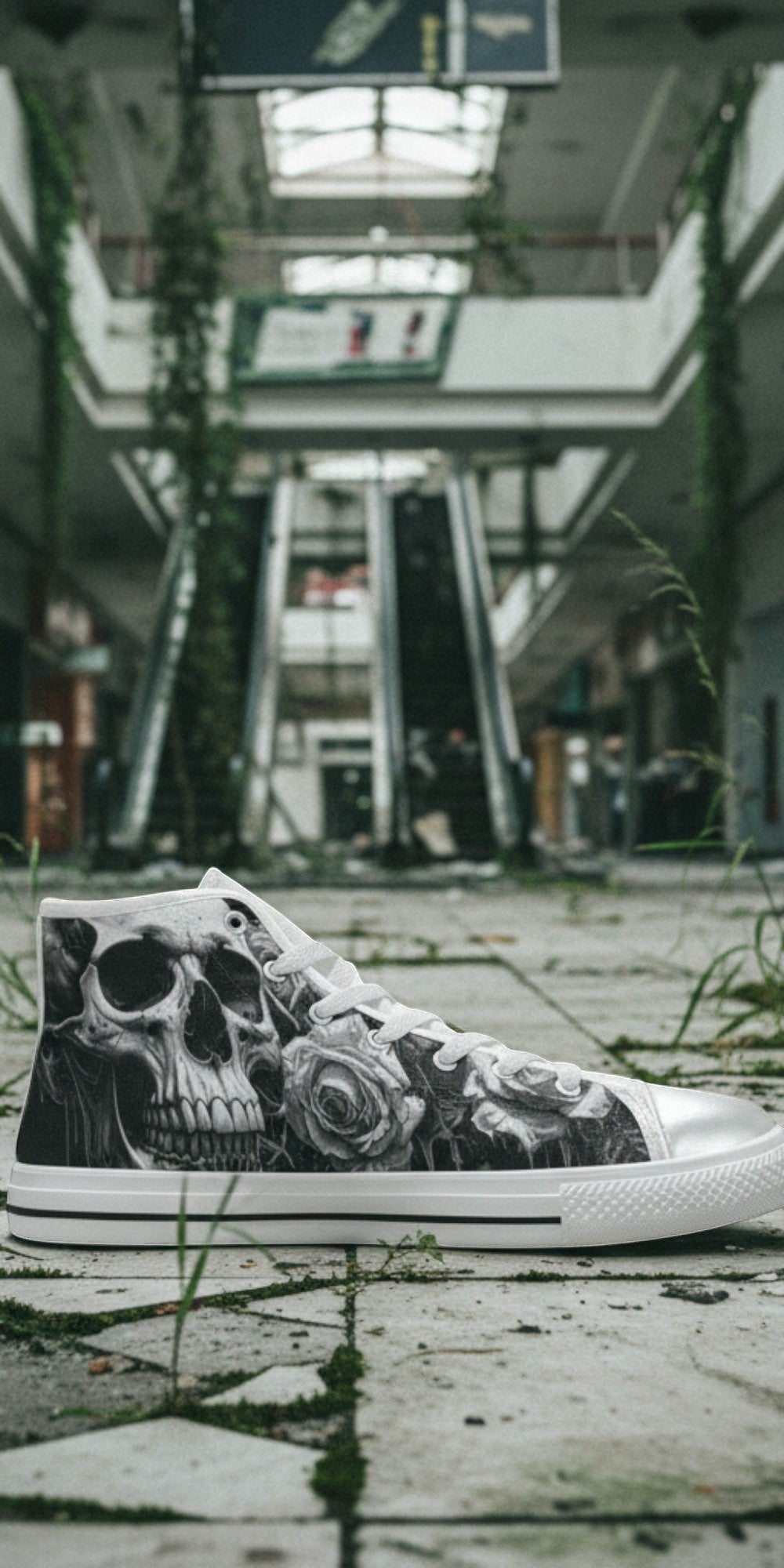 Freaky Shoes® men's high top canvas sneakers featuring a gothic skull and rose print in grey and black.