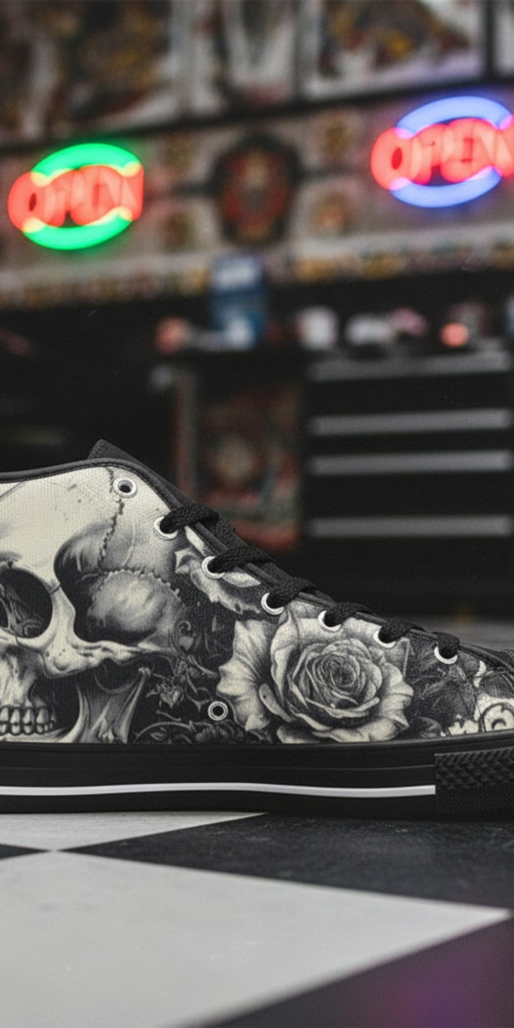 Men's Monochrome Gothic Skull Dark Art custom high-top canvas shoes — wearable art by Freaky Shoes
