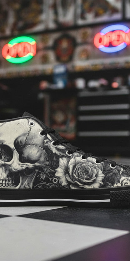 Men's Monochrome Gothic Skull Dark Art custom high-top canvas shoes — wearable art by Freaky Shoes