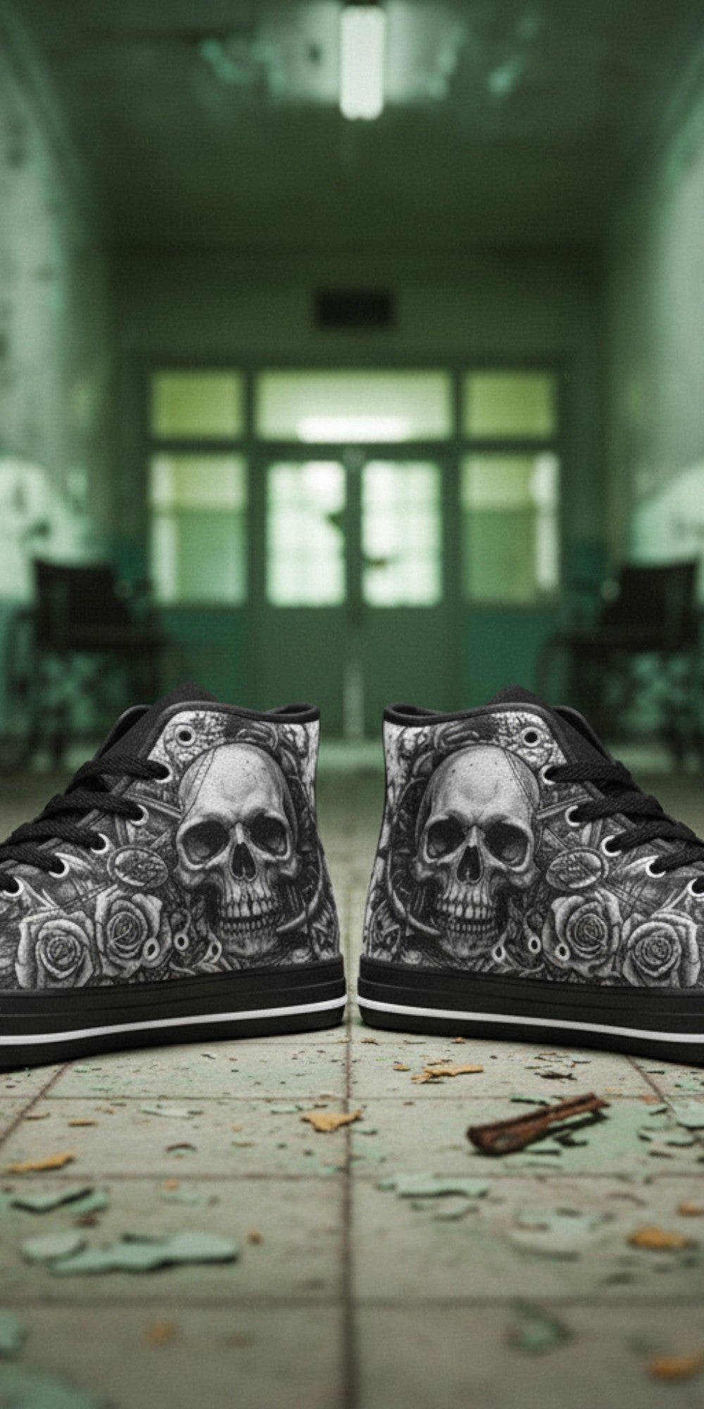 Custom Men's Dark Gothic Art Skull high-top canvas shoes with bold all-over art — Freaky Shoes