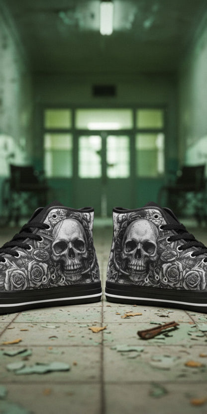 Custom Men's Dark Gothic Art Skull high-top canvas shoes with bold all-over art — Freaky Shoes
