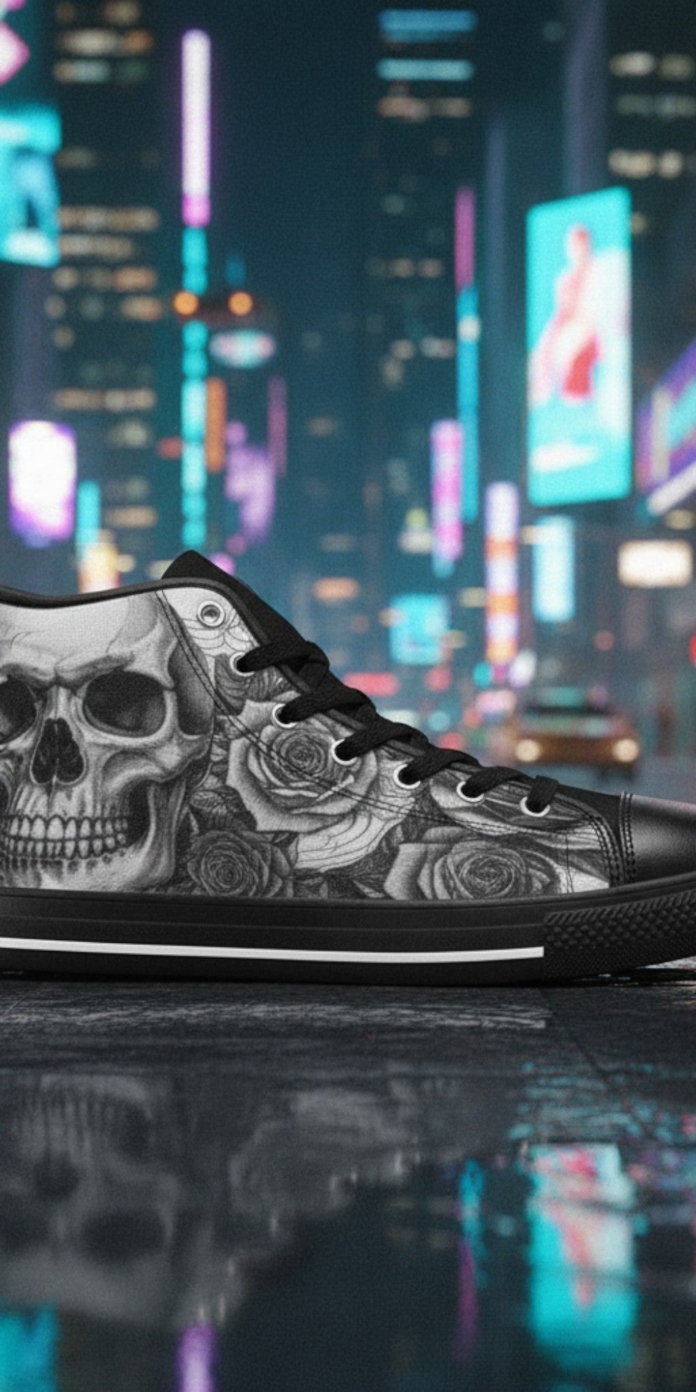 Women's Dark Art Gothic Skull high-top canvas shoes, custom full-wrap printed design — Freaky Shoes