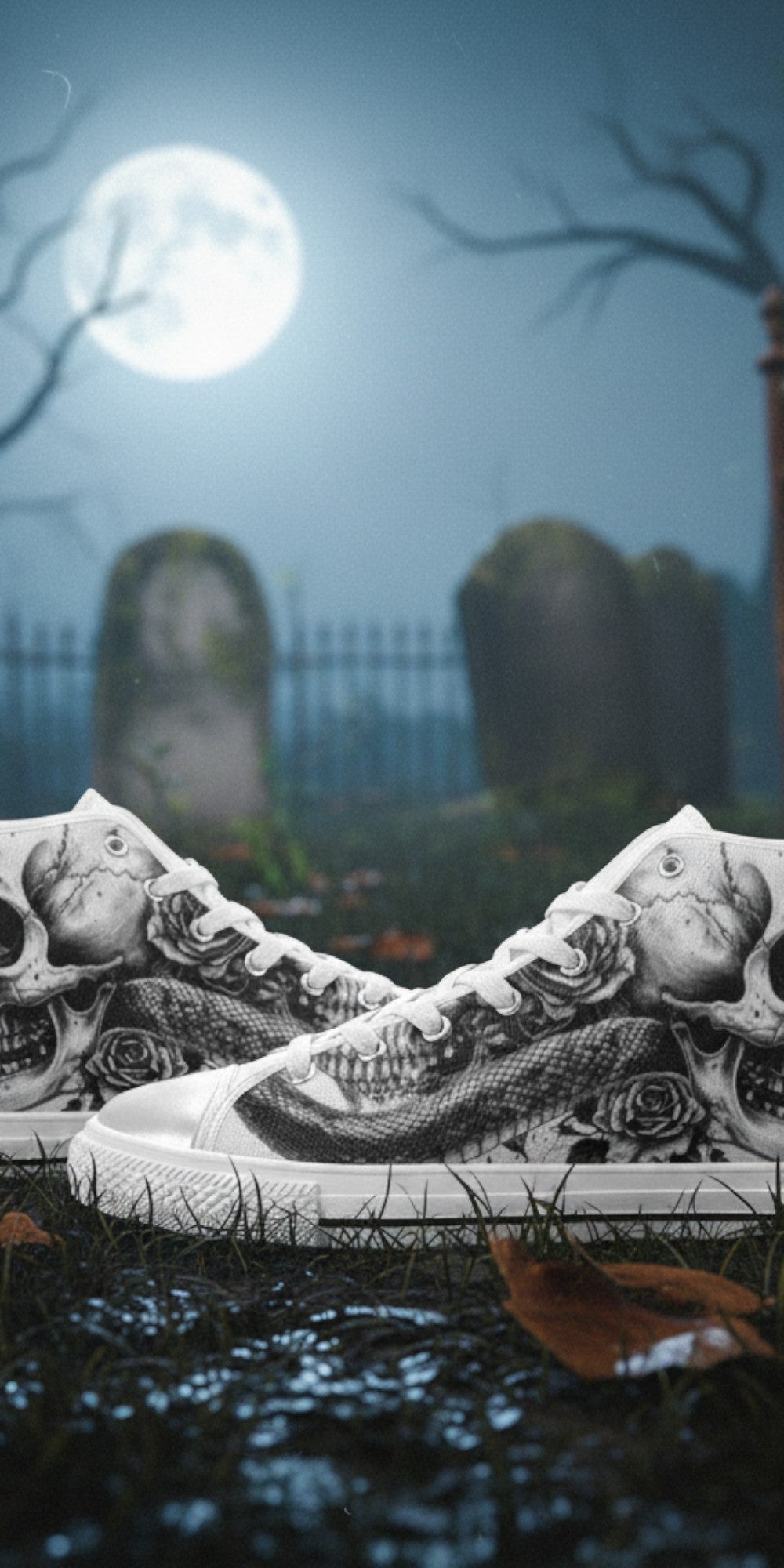 Custom Women's Skull Gothic Dark Art high-top canvas shoes with bold all-over art — Freaky Shoes