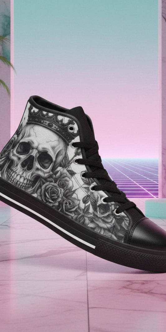 Freaky Shoes® women's gothic high top canvas sneakers featuring a black and white skull and rose print design.