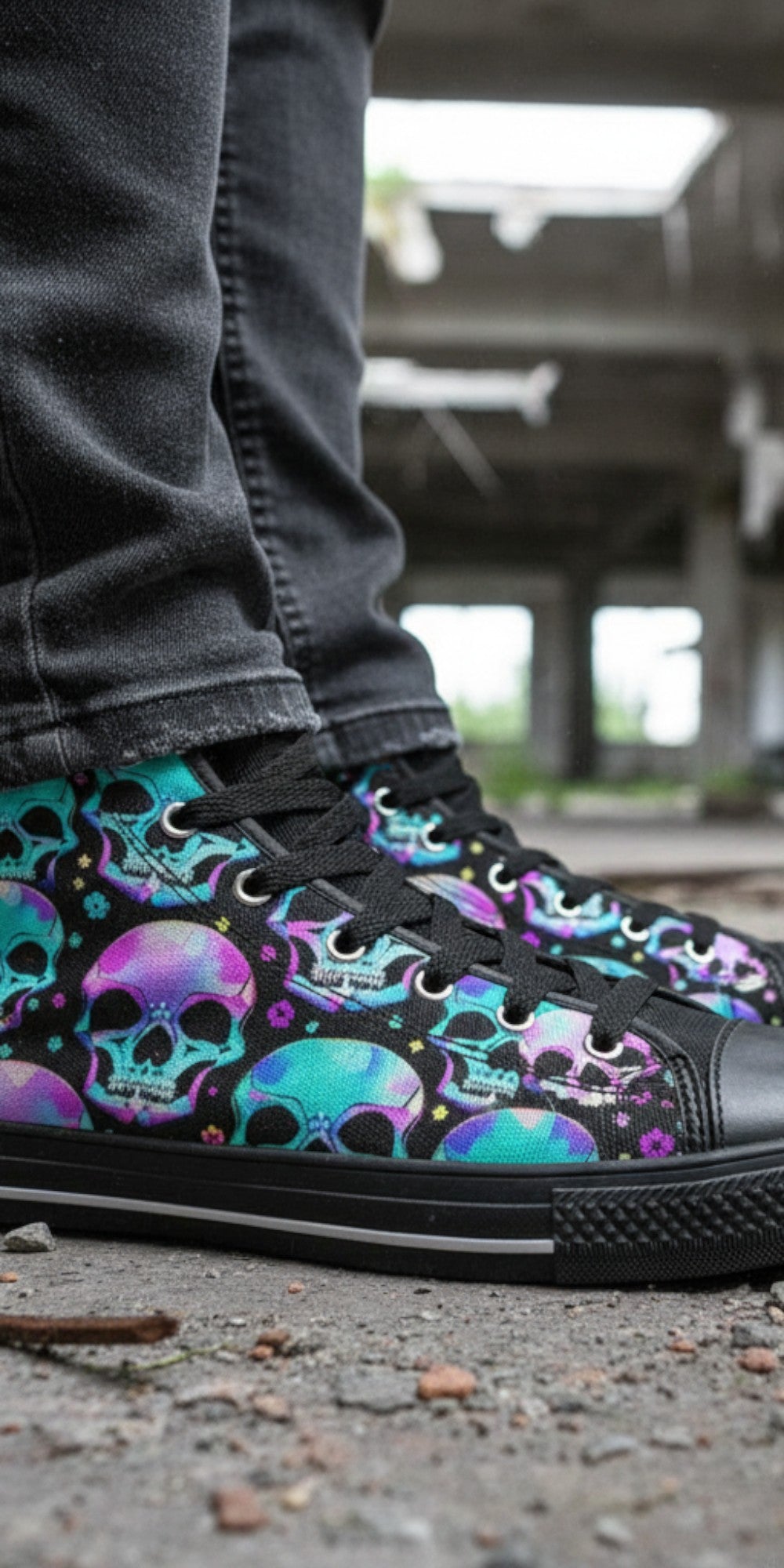 Freaky Shoes® men's high top canvas sneakers featuring a vibrant neon skull print on a black background