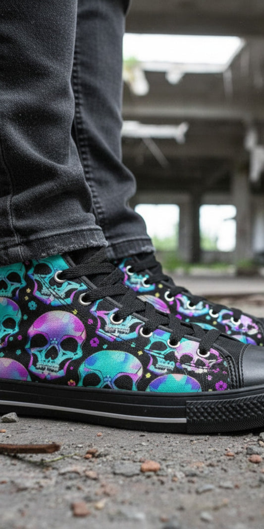 Freaky Shoes® men's high top canvas sneakers featuring a vibrant neon skull print on a black background