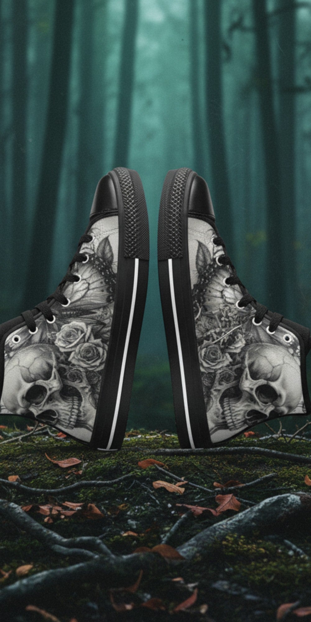 Women's Dark Skull Moon Gothic Dark Art high-top canvas shoes — one-of-a-kind custom printed art, Freaky Shoes