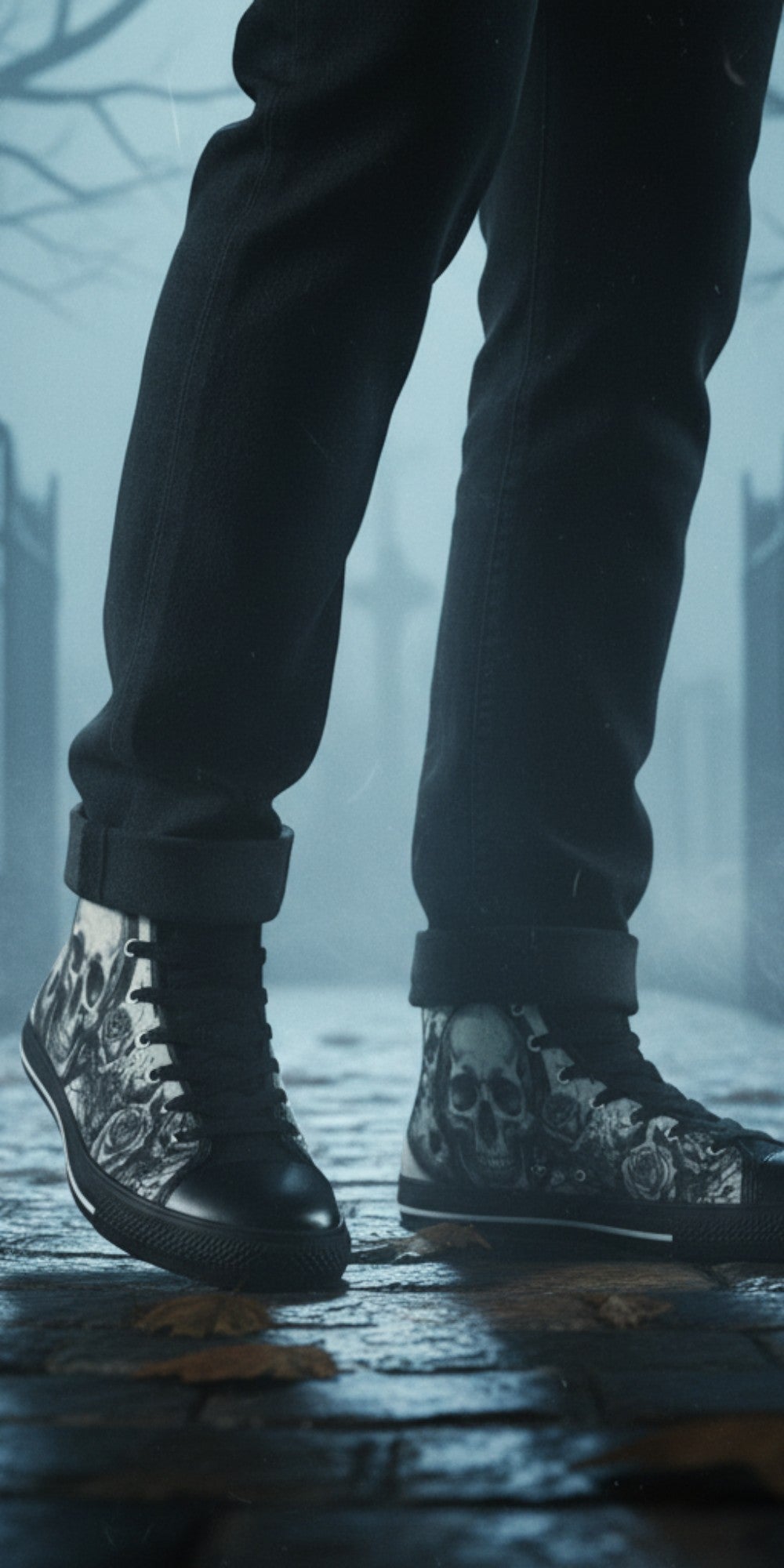 Freaky Shoes® grey skull and moon gothic canvas high top sneakers worn on a misty path with black jeans.