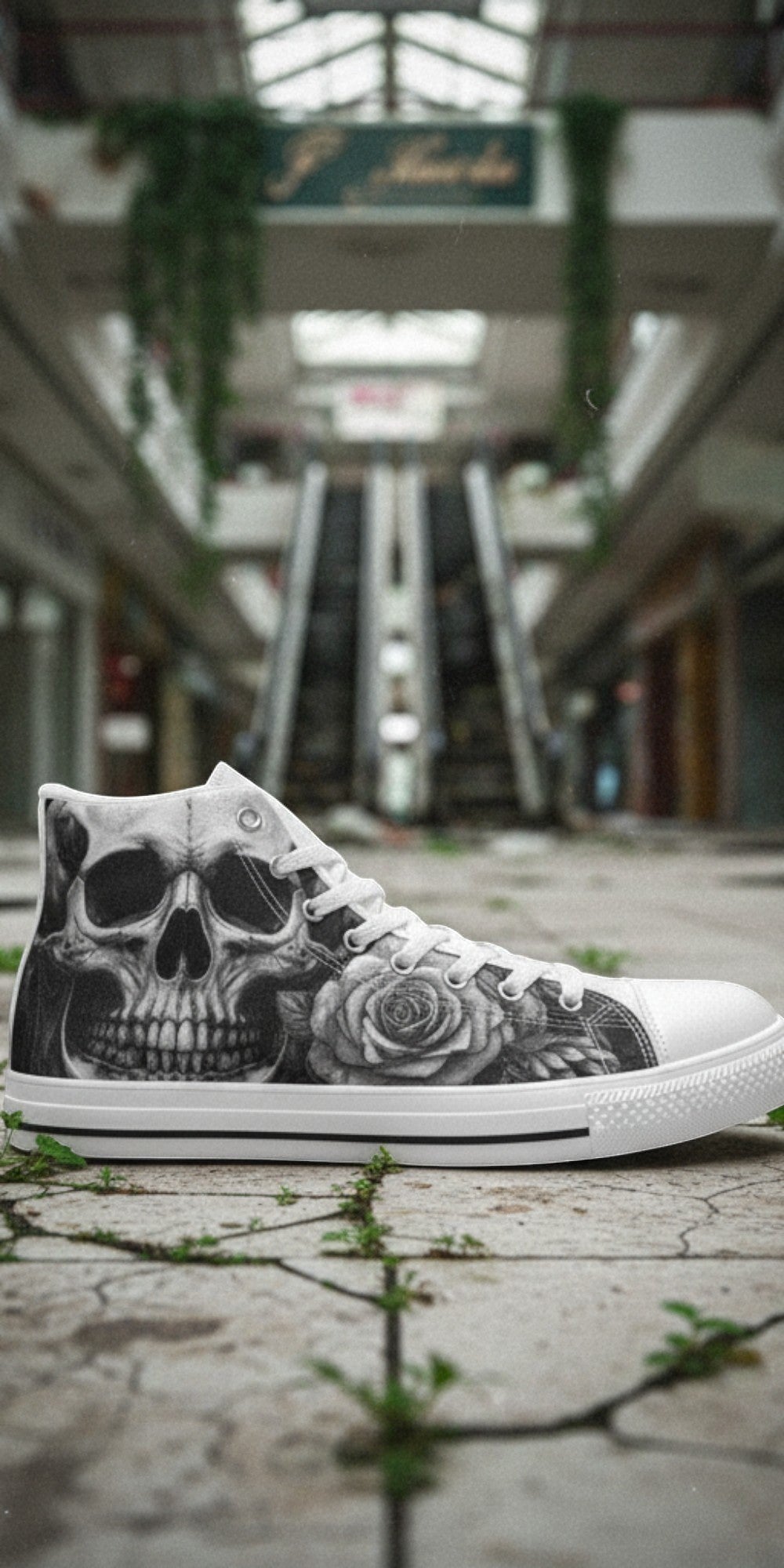Freaky Shoes® gothic high top canvas sneakers featuring a detailed grey and black skull and rose print design.