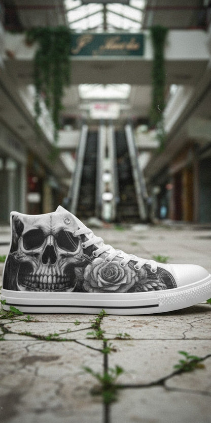 Freaky Shoes® gothic high top canvas sneakers featuring a detailed grey and black skull and rose print design.