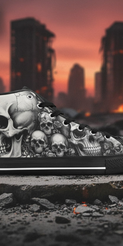 Men's Dark Gothic Moon Skull custom high-top canvas shoes — wearable art by Freaky Shoes