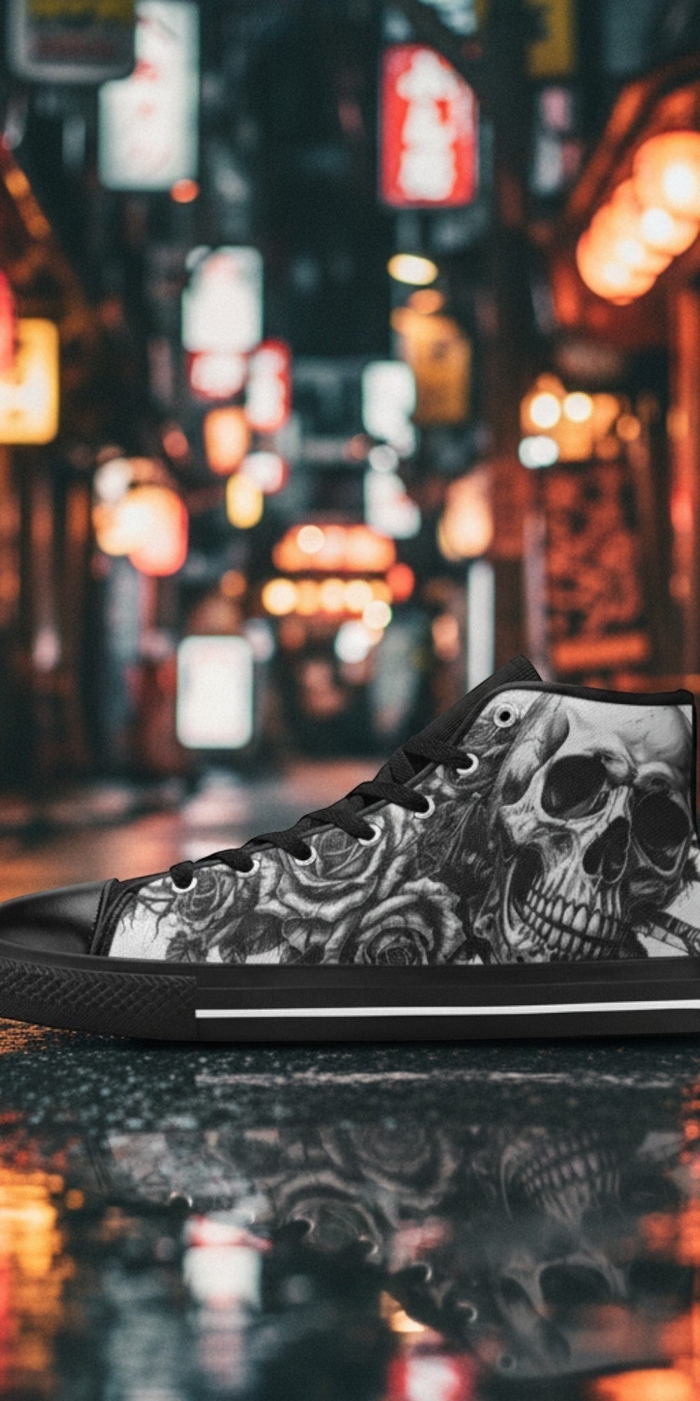 Men's Grey Gothic Dark Skull Art high-top canvas shoes, custom full-wrap printed design — Freaky Shoes