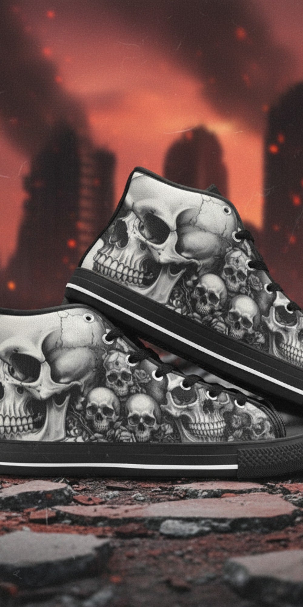 Men's Dark Gothic Moon Skull hand-made high-top canvas shoes — unique wearable art by Freaky Shoes