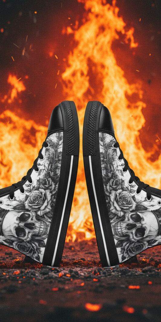 Freaky Shoes® monochrome high top canvas sneakers featuring gothic skull and rose art against a fiery background.