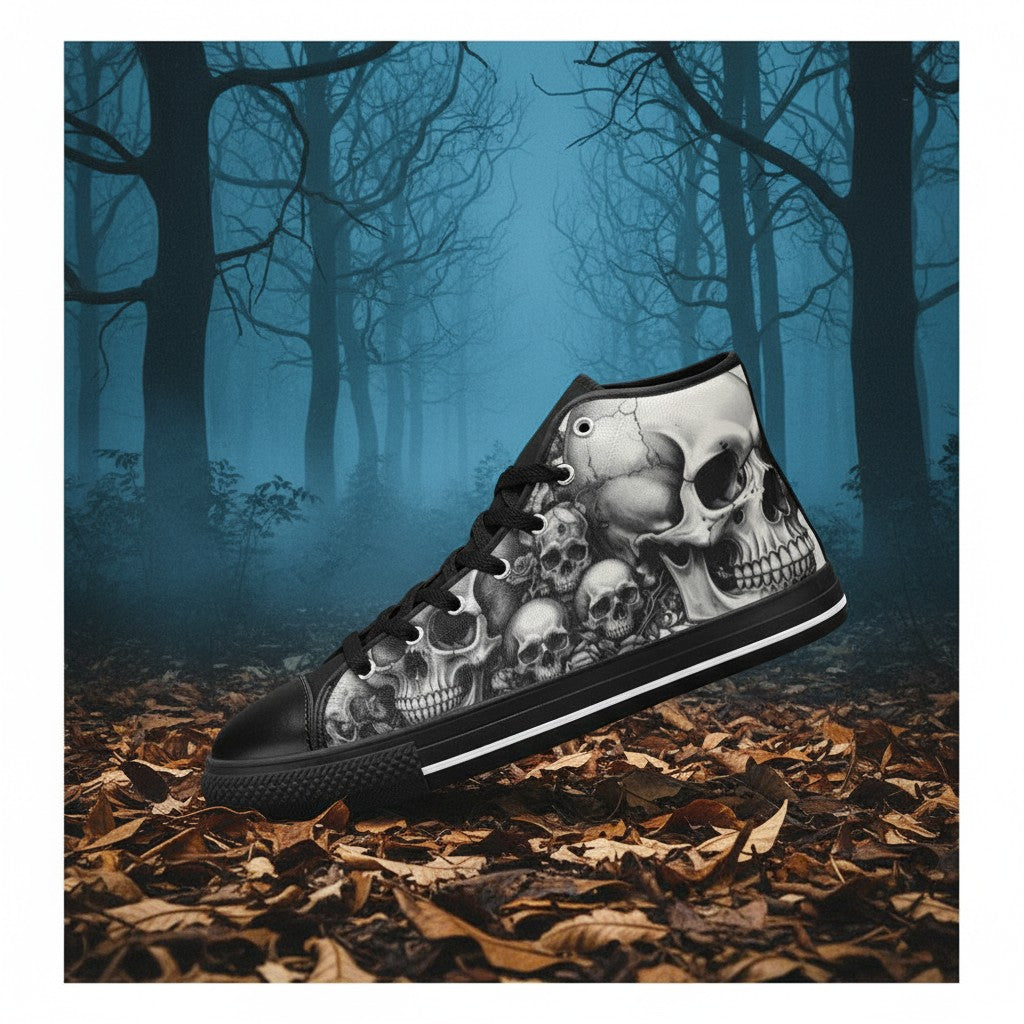 Men's Monochrome Gothic Skull Dark Art custom high-top canvas shoes — wearable art by Freaky Shoes