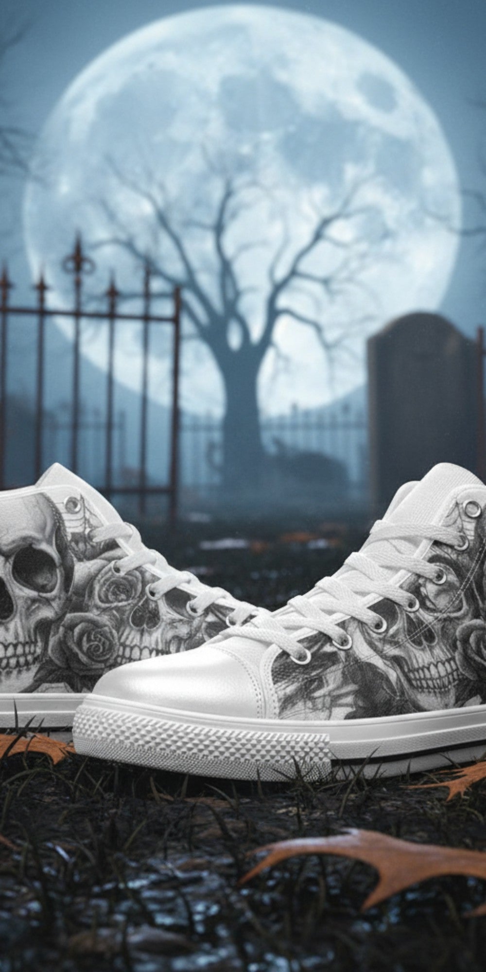 Men's Gothic Dark Skull Art high-top canvas shoes, custom full-wrap printed design — Freaky Shoes