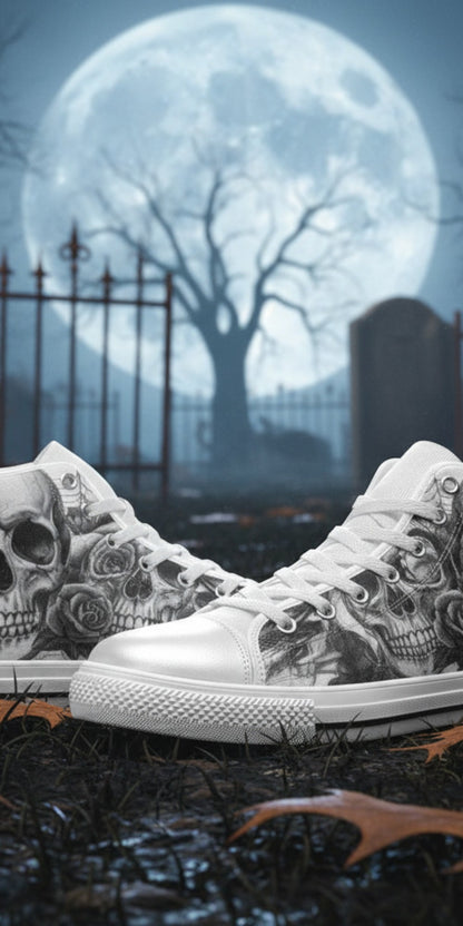 Men's Gothic Dark Skull Art high-top canvas shoes, custom full-wrap printed design — Freaky Shoes