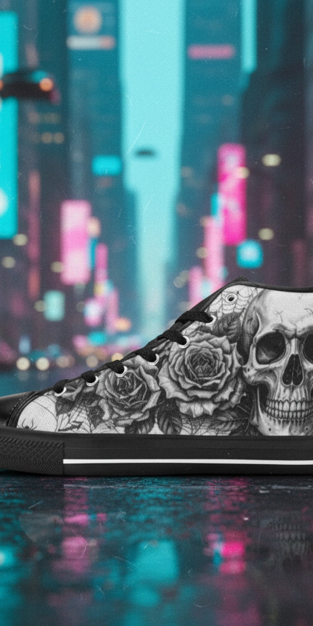 Women's Dark Art Gothic Skull hand-made high-top canvas shoes — unique wearable art by Freaky Shoes