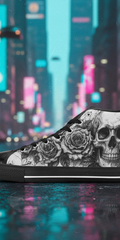 Women's Dark Art Gothic Skull hand-made high-top canvas shoes — unique wearable art by Freaky Shoes