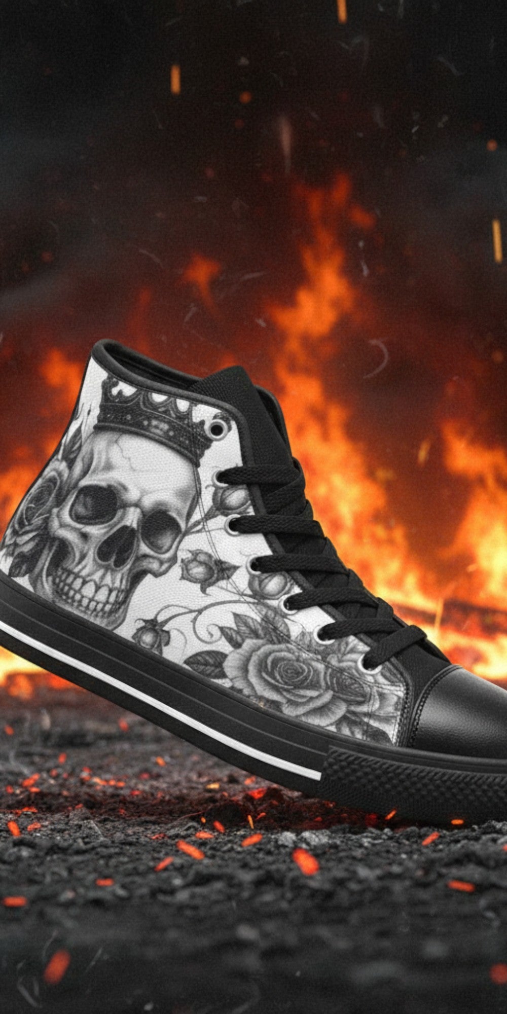 Men's Skull Monochrome Gothic Dark Art high-top canvas shoes — one-of-a-kind custom printed art, Freaky Shoes