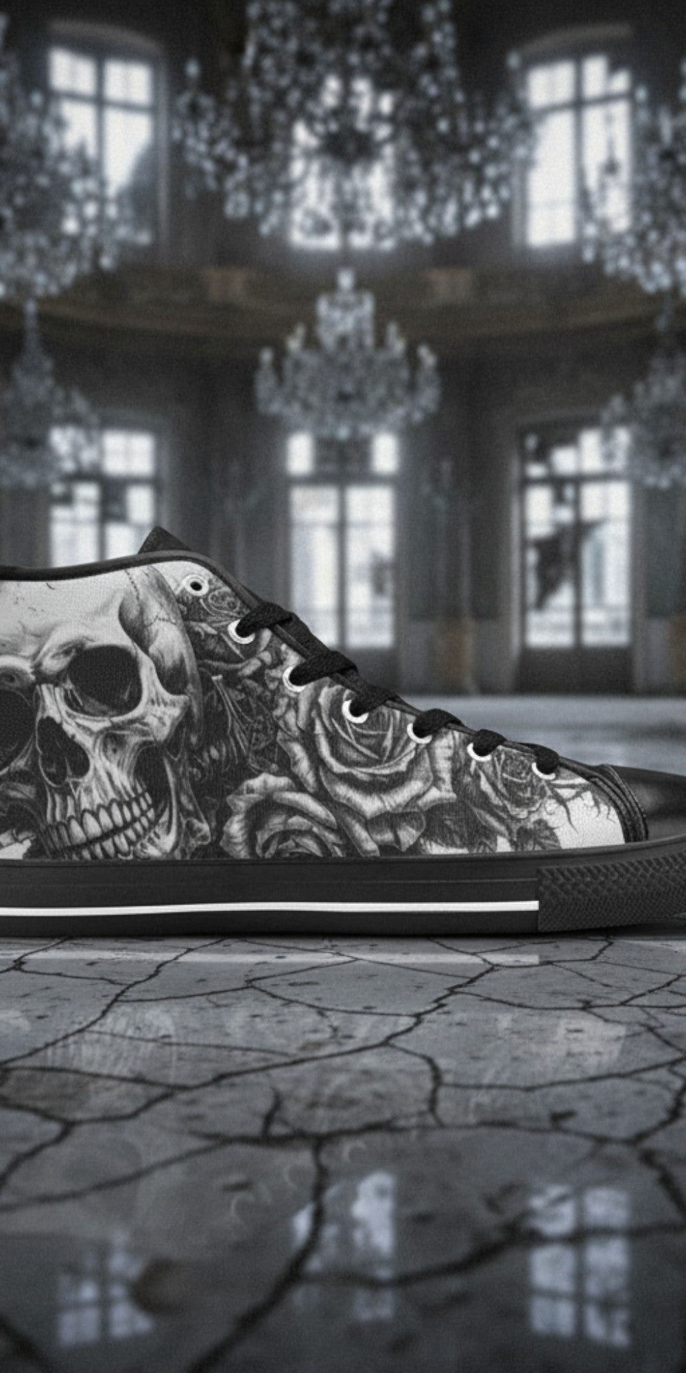 Women's Dark Skull Art Gothic custom high-top canvas shoes — wearable art by Freaky Shoes