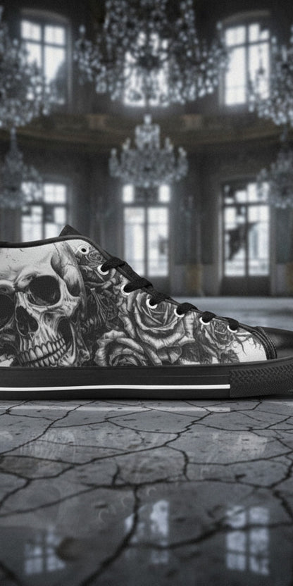 Women's Dark Skull Art Gothic custom high-top canvas shoes — wearable art by Freaky Shoes