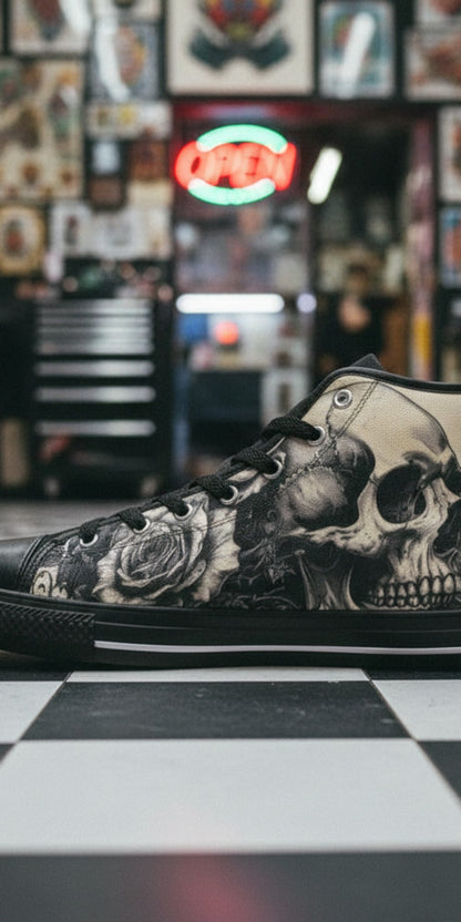 Men's Monochrome Gothic Skull Dark Art custom high-top canvas shoes — wearable art by Freaky Shoes
